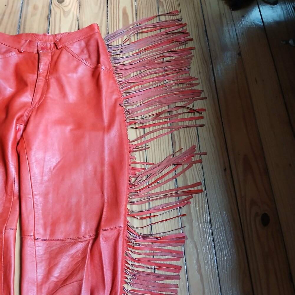 Fiorucci 1980 Vintage Red Leather Fringe Safety Jeans * Edgy Western  * Sz 28 - Picture 12 of 14